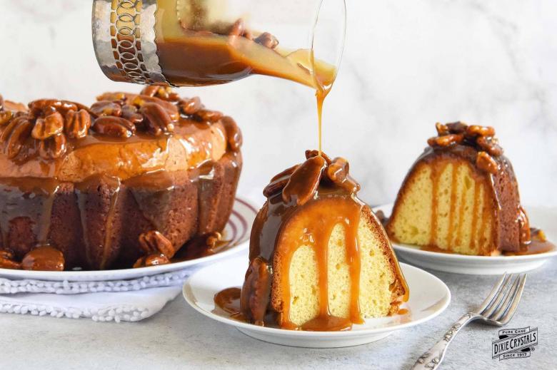 Sour Cream Pound Cake With Salted Pecan Caramel Topping
