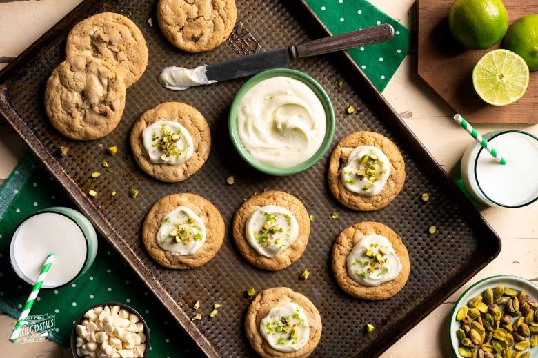 White Chocolate Chip Pistachio Cookies with Lime Cream Cheese Frosting Dixie