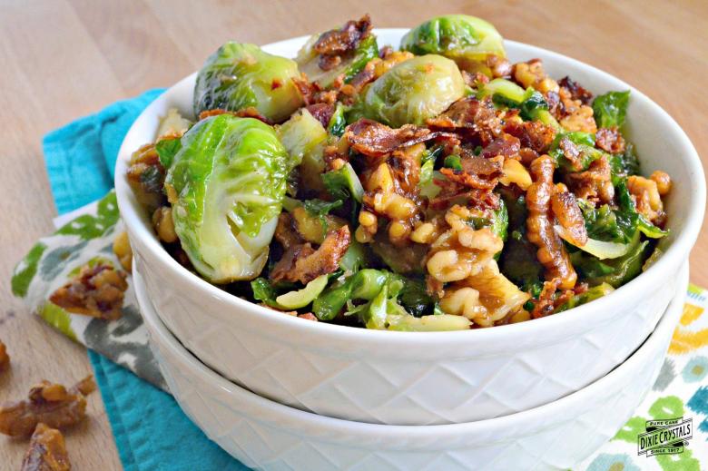 Brown Sugar Bacon Brussels Sprouts with Candied Walnuts