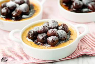 Creme Brelee with Warm Cherries and Chocolate Sauce 