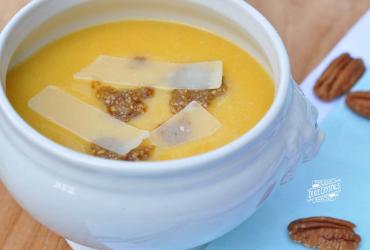 Roasted Butternut Squash Soup with Sweet & Spicy Pecan Pesto
